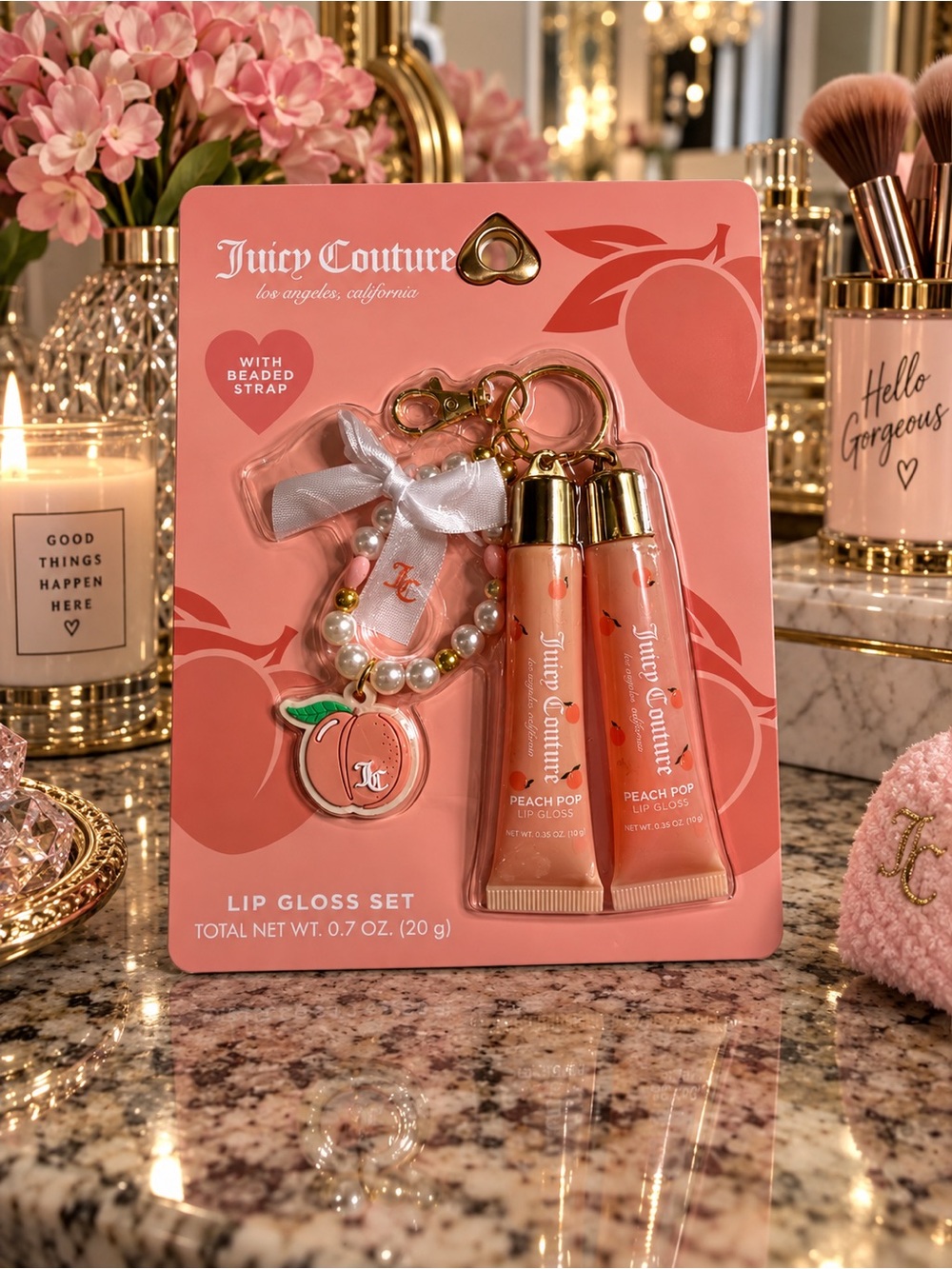 Juicy Couture Peach Pop Lip Gloss Set - 2 piece w/ beaded strap and peach charm